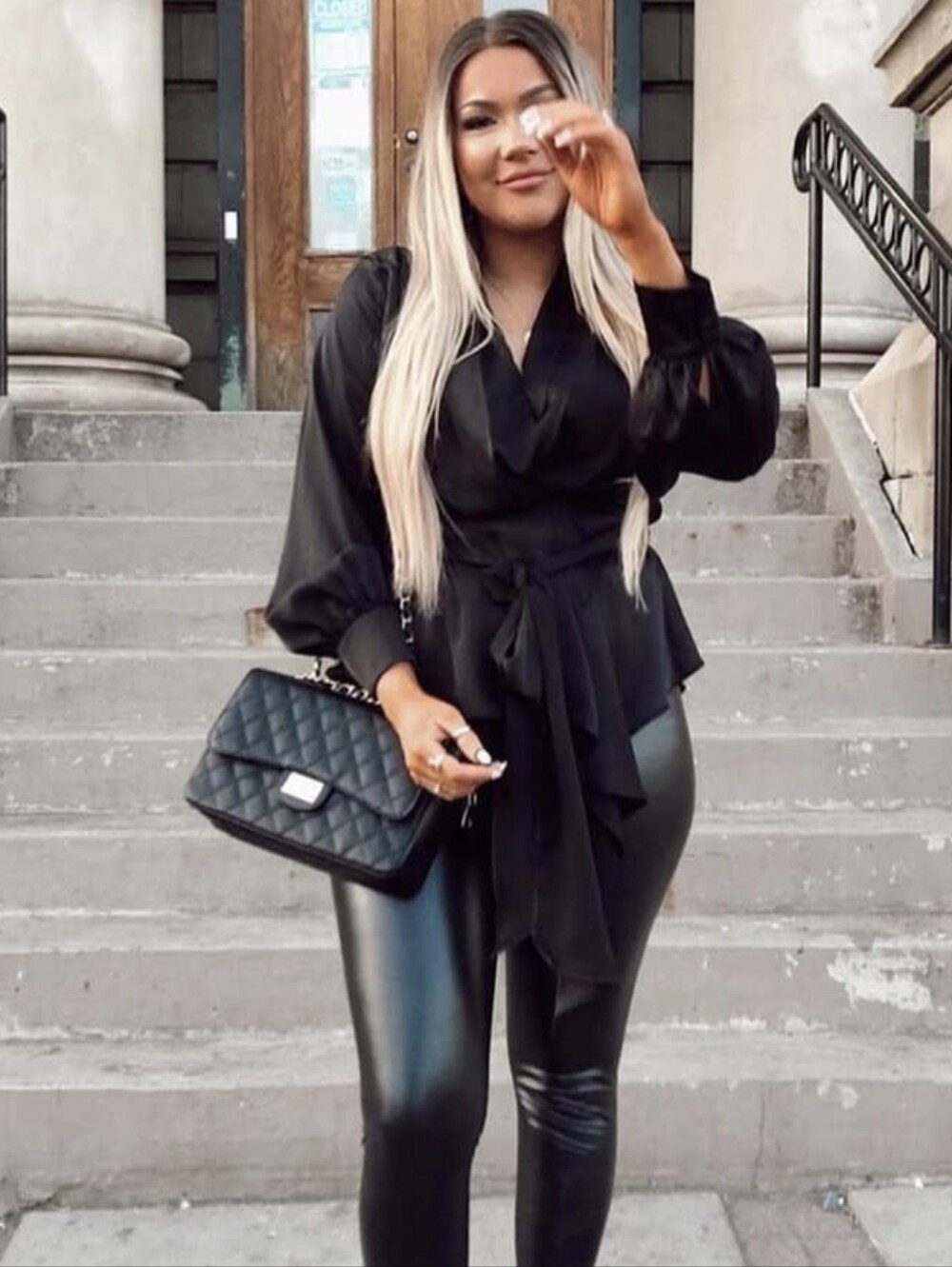 DO+BE Black Satin Wrap Blouse with Waist Tie